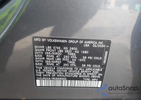 2024 Volkswagen Atlas 2.0T Se W/Technology из США, поврежденный, VIN 1V2JR2CA1RC559562